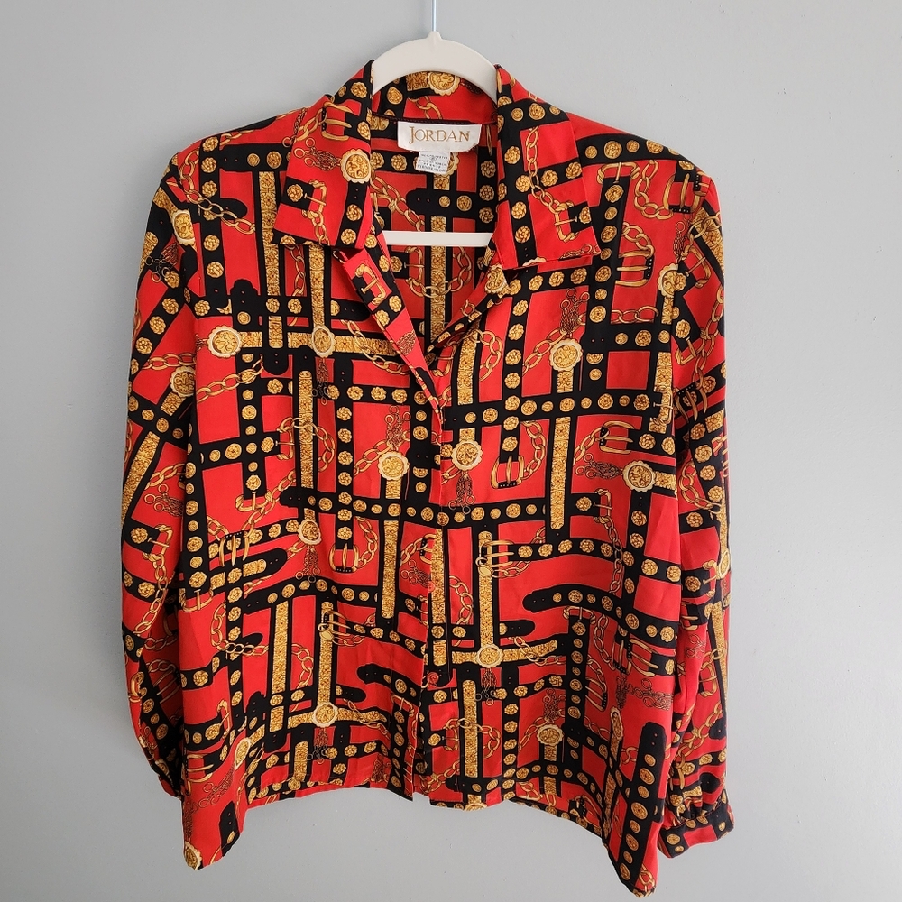 Vintage Jordan Red, Black and Gold Belt Print Blouse